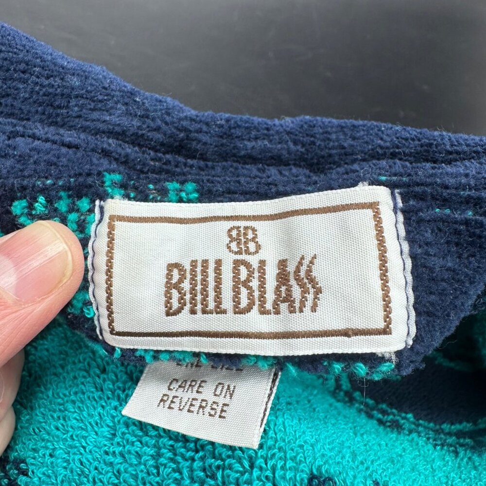Vintage Terrycloth Robe Bill Blass Cotton Bathrobe One Size Navy Teal Paisley - Picture 4 of 7